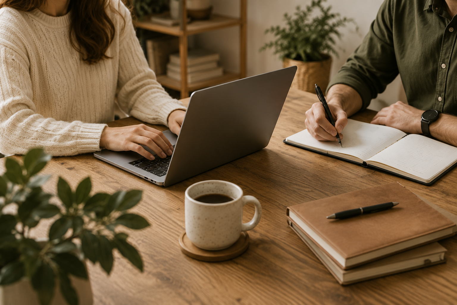 Közös munka és tervezés egy laptop mellett
